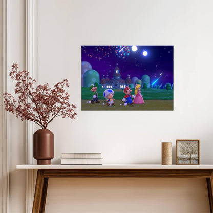 Super Mario Poster | Mario, Peach and Friends | Fireworks at the Castle - Video Games Poster