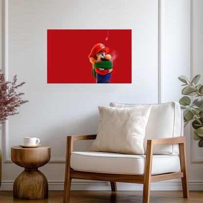 Super Mario Poster | Mario in a Green Scarf Against a Red Background - Video Games Poster