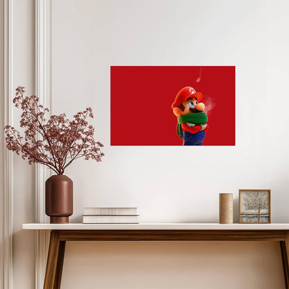 Super Mario Poster | Mario in a Green Scarf Against a Red Background - Video Games Poster