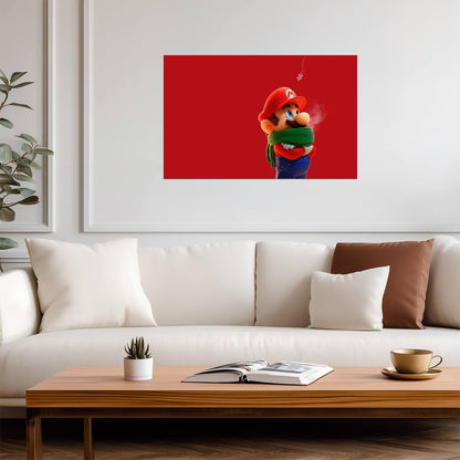 Super Mario Poster | Mario in a Green Scarf Against a Red Background - Video Games Poster