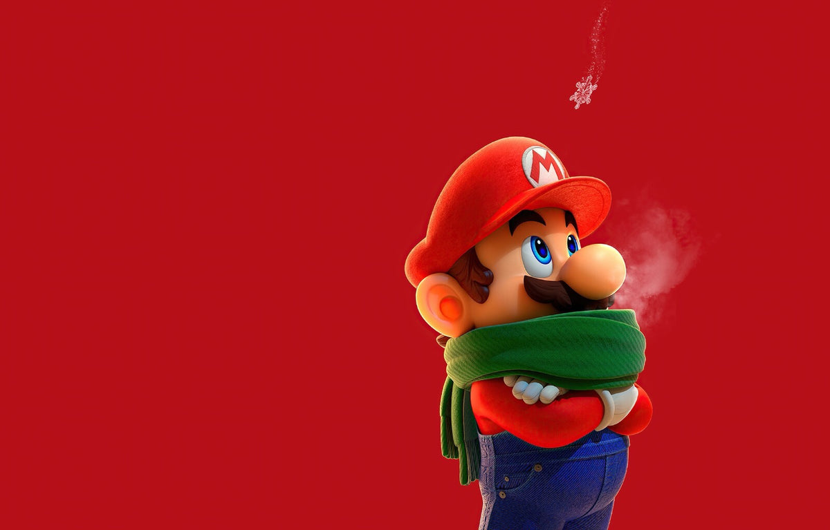 Super Mario Poster | Mario in a Green Scarf Against a Red Background - Video Games Poster