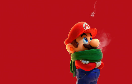 Super Mario Poster | Mario in a Green Scarf Against a Red Background - Video Games Poster