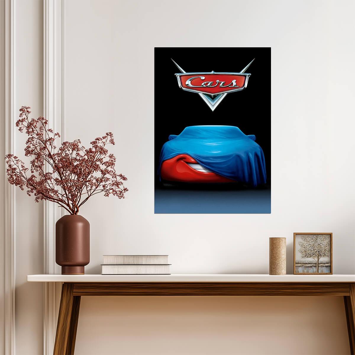 Cars 2006 Movie Poster | Lightning McQueen Under a Blue Cover - Movies & TV Poster