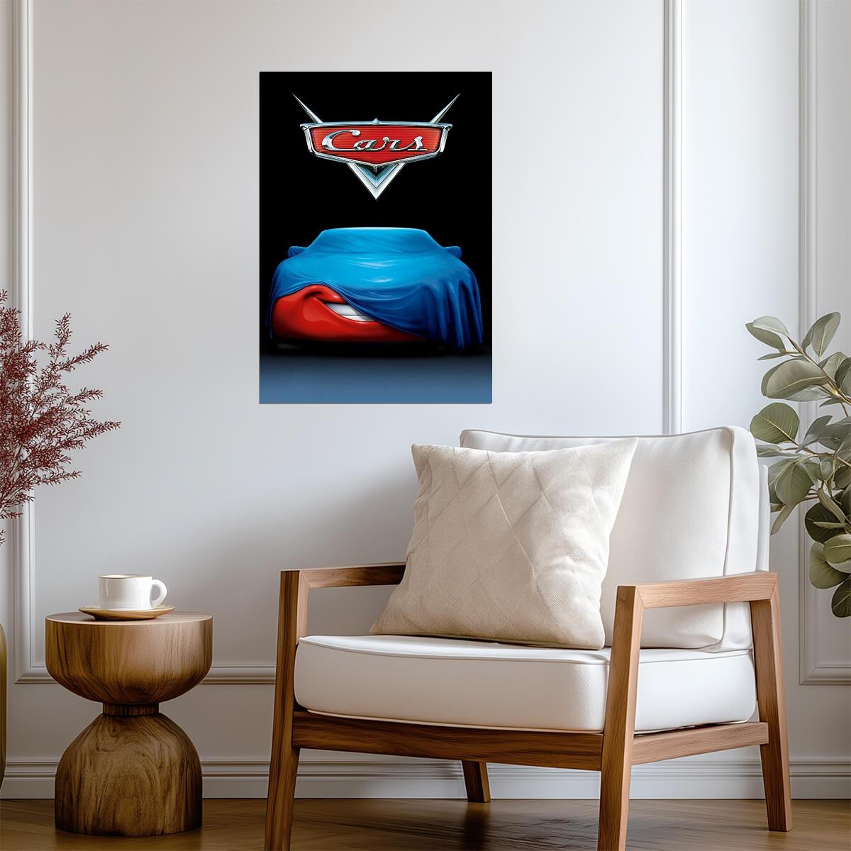 Cars 2006 Movie Poster | Lightning McQueen Under a Blue Cover - Movies & TV Poster