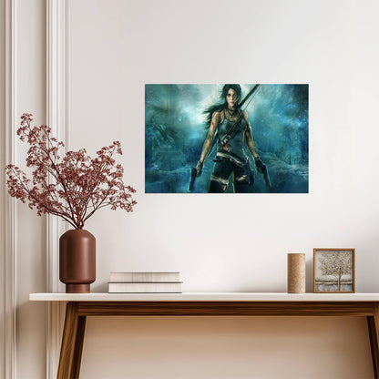 Tomb Raider Poster | Lara Croft with a Climbing Axe in a Blue Cave - Video Games Poster