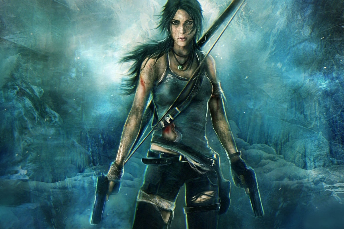 Tomb Raider Poster | Lara Croft with a Climbing Axe in a Blue Cave - Video Games Poster