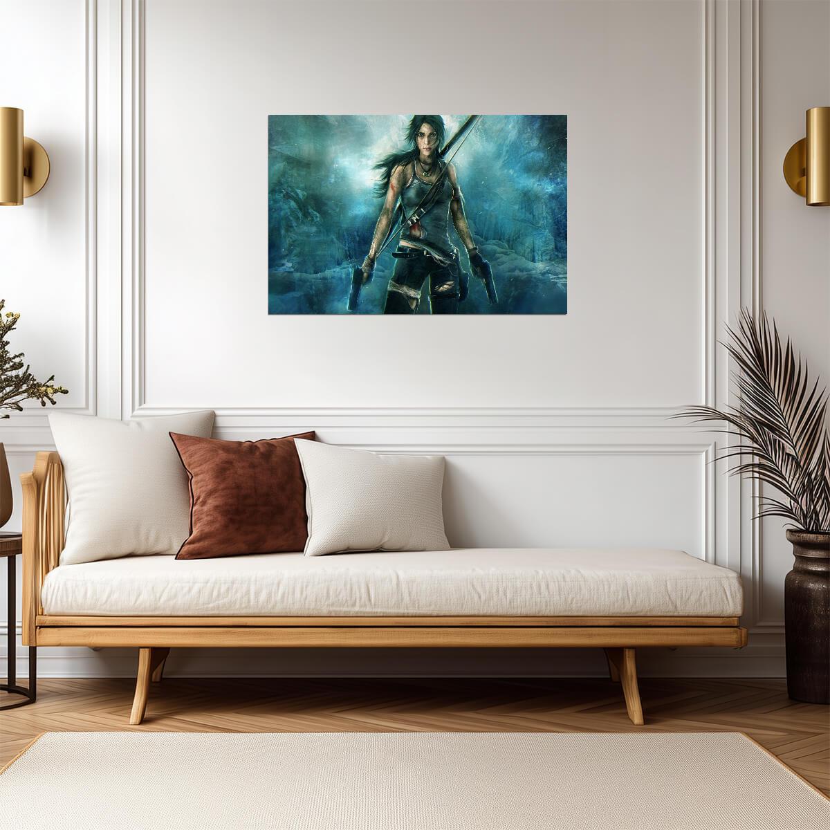 Tomb Raider Poster | Lara Croft with a Climbing Axe in a Blue Cave - Video Games Poster