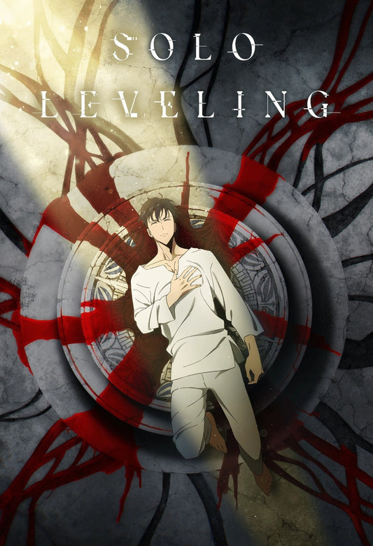 Solo Leveling Poster | Sung Jinwoo Beneath Concentric Rings and Red Ribbons - Anime Poster
