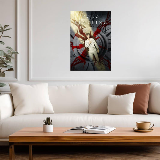 Solo Leveling Poster | Sung Jinwoo Beneath Concentric Rings and Red Ribbons - Anime Poster