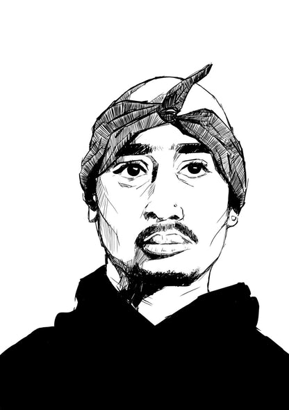 Tupac Shakur Drawing Poster | Black and White Hip Hop Portrait - Music Poster