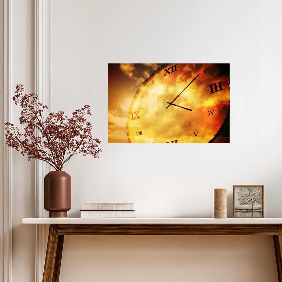 Clock in Golden Clouds Poster | Surreal Wall Art Print - Graphic & Art Poster