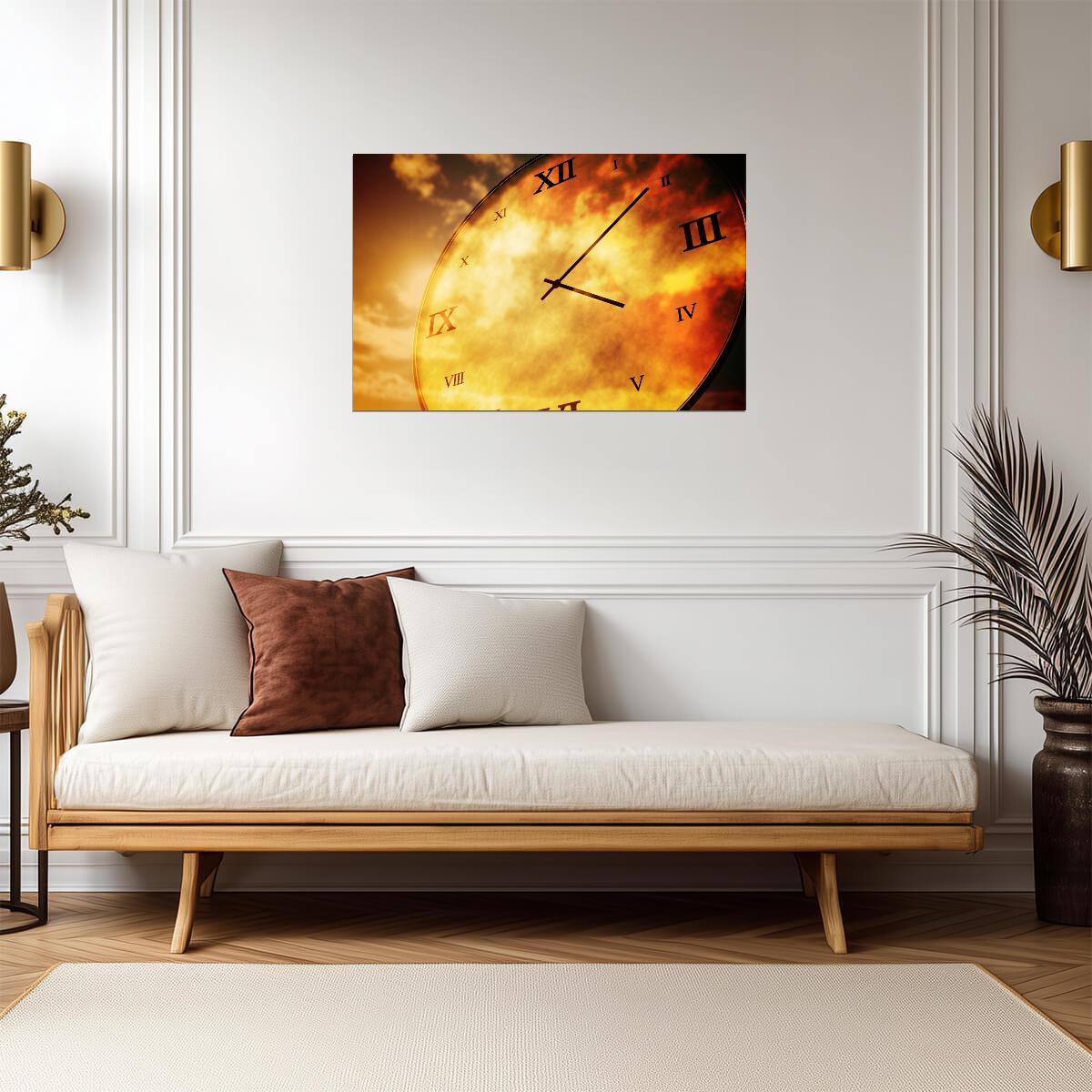 Clock in Golden Clouds Poster | Surreal Wall Art Print - Graphic & Art Poster