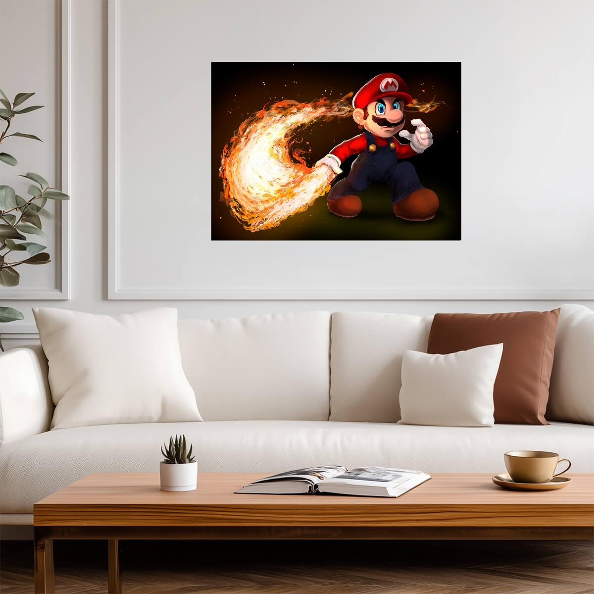 Super Mario Poster | Mario Throwing a Fireball Against a Black Background - Video Games Poster