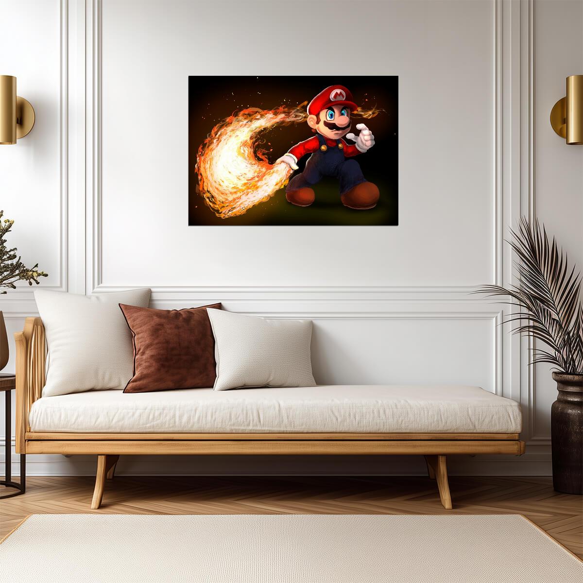 Super Mario Poster | Mario Throwing a Fireball Against a Black Background - Video Games Poster