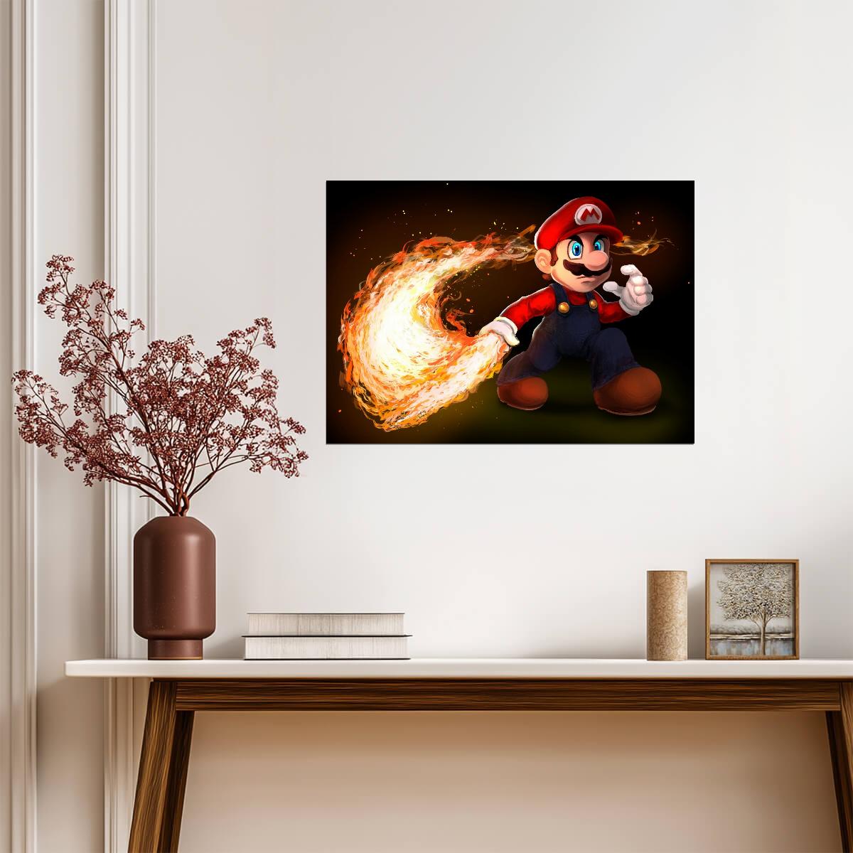 Super Mario Poster | Mario Throwing a Fireball Against a Black Background - Video Games Poster