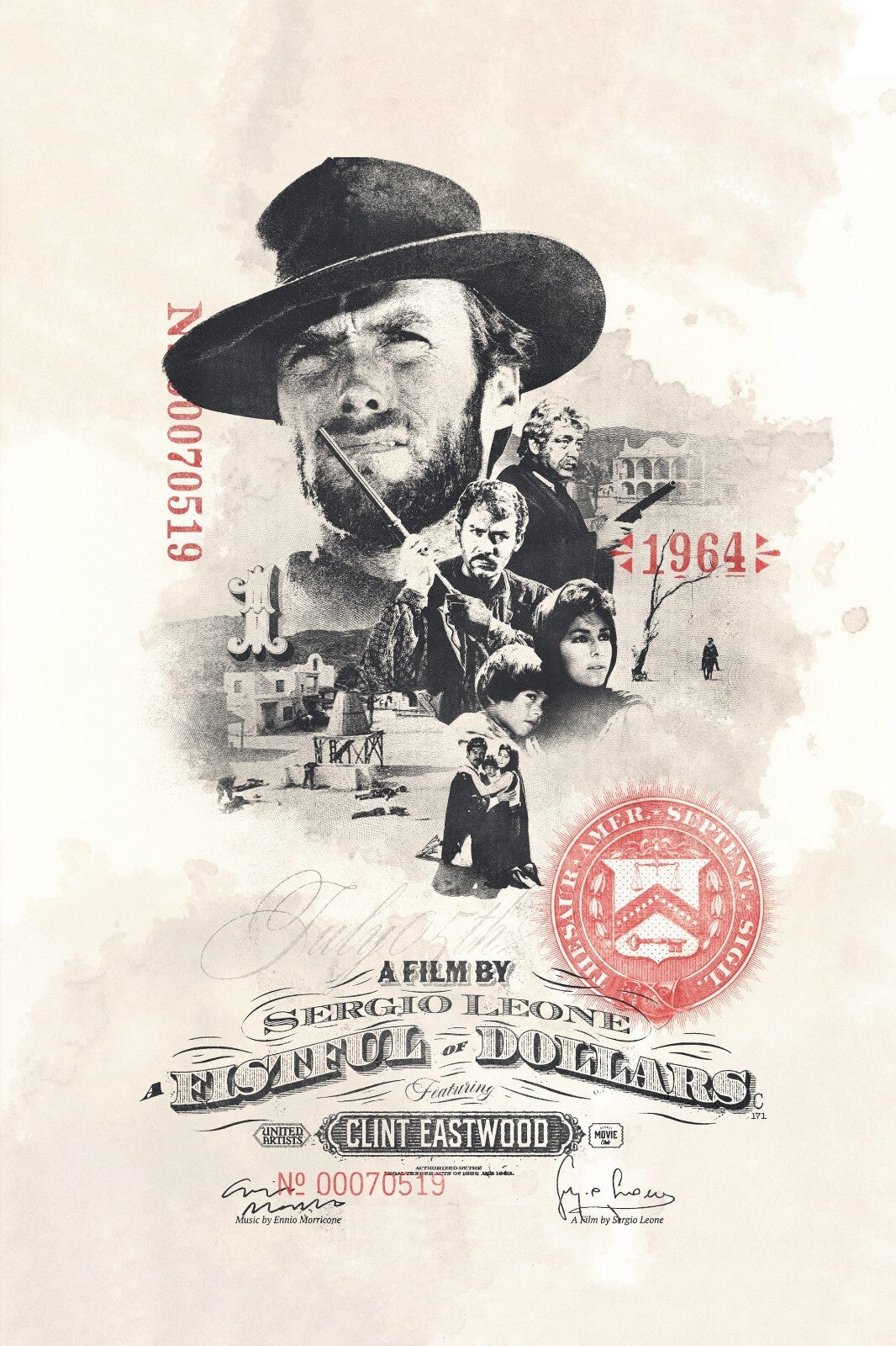 A Fistful of Dollars Poster | Clint Eastwood Portrait | 1964 Sepia Movie Print - Movies & TV Poster