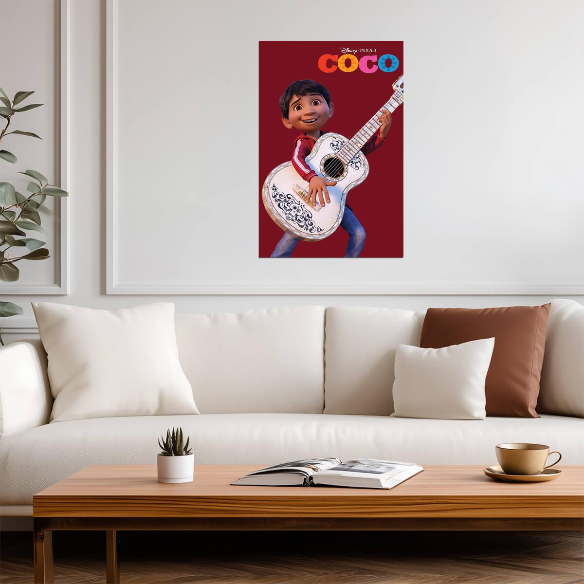 Coco 2017 Movie Poster | Miguel Playing Guitar on Red - Movies & TV Poster