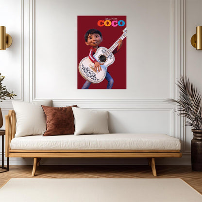 Coco 2017 Movie Poster | Miguel Playing Guitar on Red - Movies & TV Poster