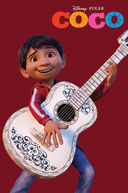 Coco 2017 Movie Poster | Miguel Playing Guitar on Red - Movies & TV Poster