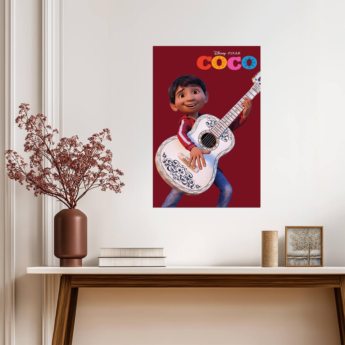 Coco 2017 Movie Poster | Miguel Playing Guitar on Red - Movies & TV Poster