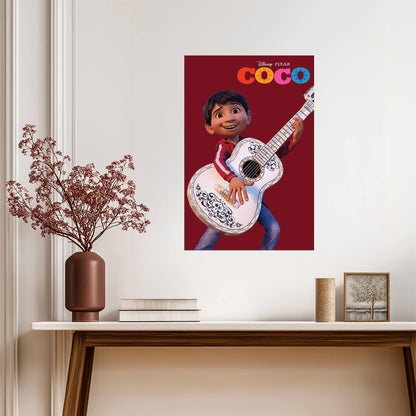 Coco 2017 Movie Poster | Miguel Playing Guitar on Red - Movies & TV Poster