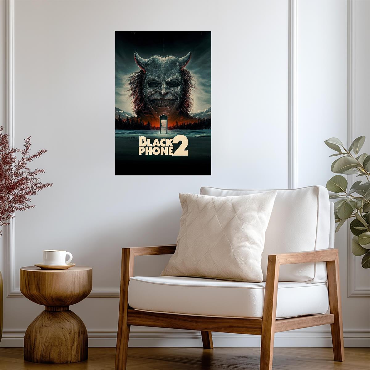 Black Phone 2 Movie Poster | The Grabber Above a Snowy Doorway - Movies & TV Poster