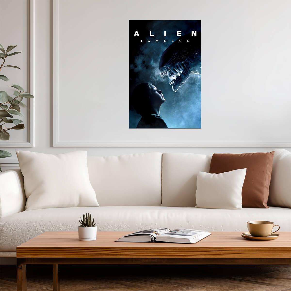 Alien Romulus Horror Movie Poster | Woman Facing a Xenomorph | Blue Tones - Movies & TV Poster