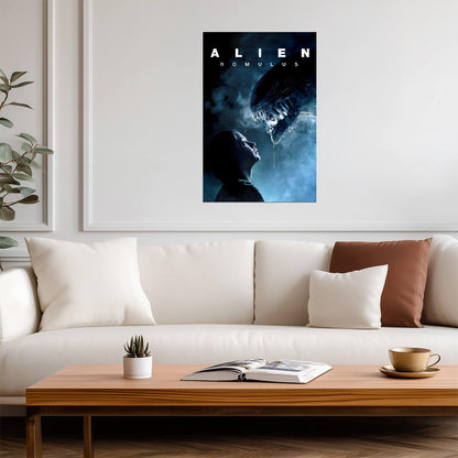 Alien Romulus Horror Movie Poster | Woman Facing a Xenomorph | Blue Tones - Movies & TV Poster