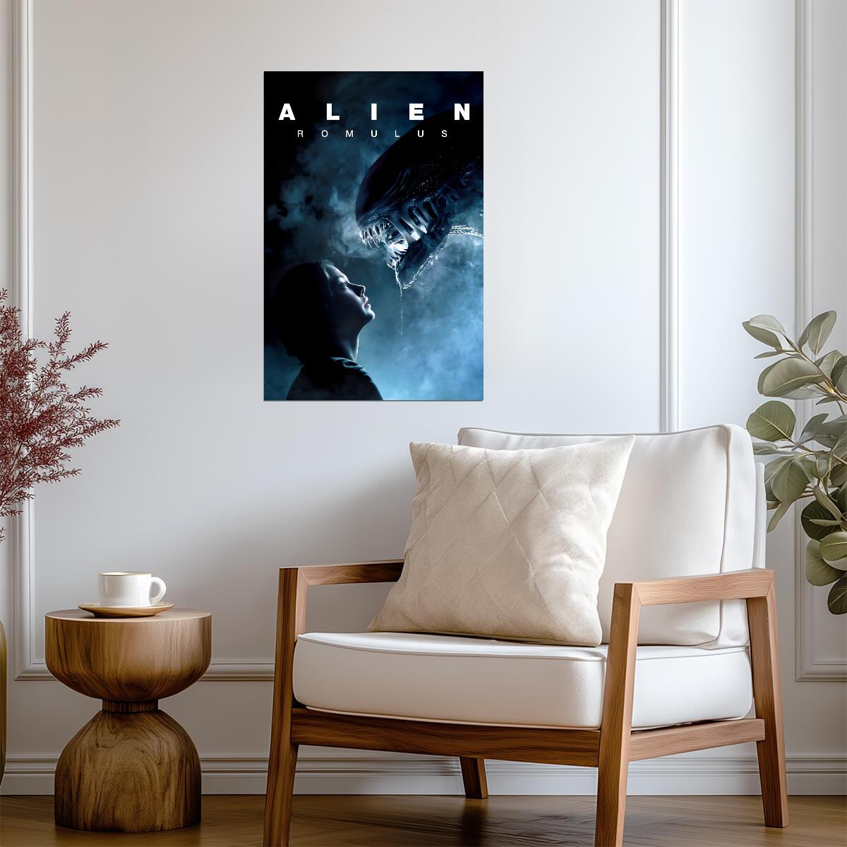 Alien Romulus Horror Movie Poster | Woman Facing a Xenomorph | Blue Tones - Movies & TV Poster