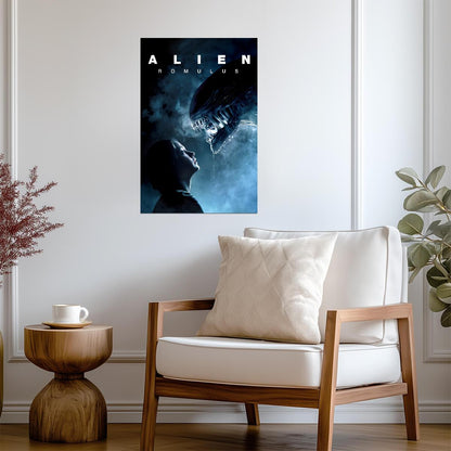 Alien Romulus Horror Movie Poster | Woman Facing a Xenomorph | Blue Tones - Movies & TV Poster