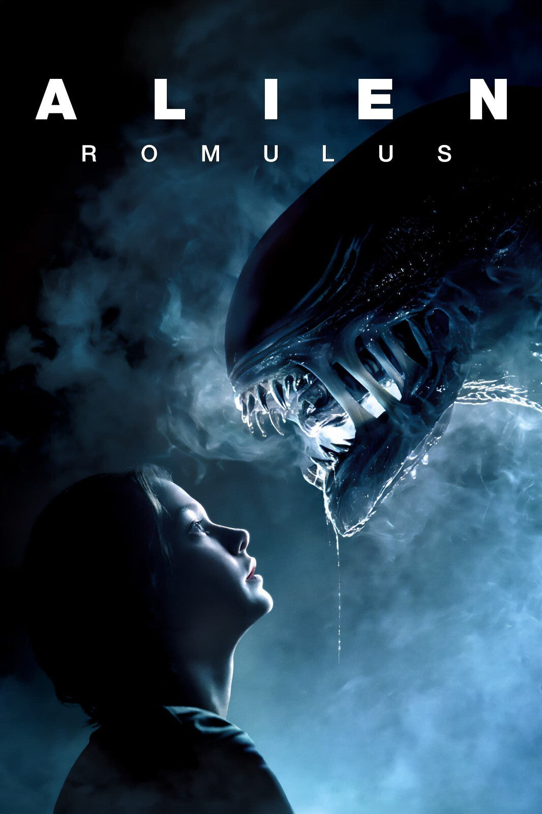 Alien Romulus Horror Movie Poster | Woman Facing a Xenomorph | Blue Tones - Movies & TV Poster