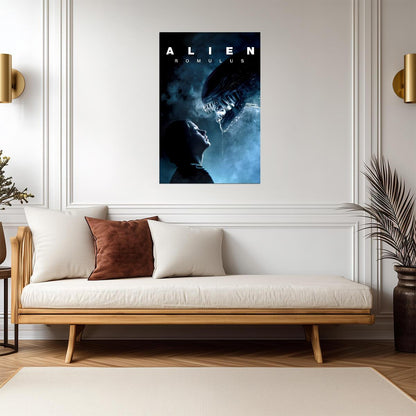 Alien Romulus Horror Movie Poster | Woman Facing a Xenomorph | Blue Tones - Movies & TV Poster