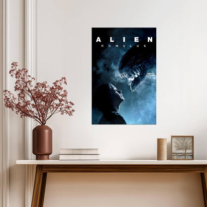 Alien Romulus Horror Movie Poster | Woman Facing a Xenomorph | Blue Tones - Movies & TV Poster