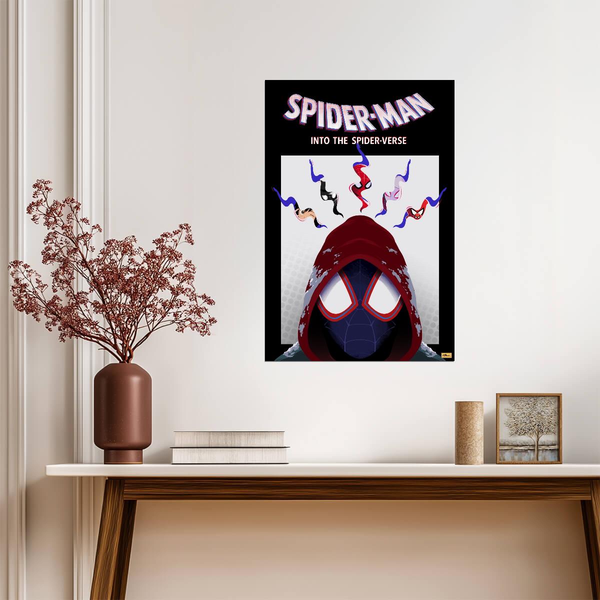 Spider-Man Into the Spider-Verse Movie Poster | Miles Hood with Hanging Spider Heroes - Movies & TV Poster