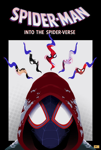 Spider-Man Into the Spider-Verse Movie Poster | Miles Hood with Hanging Spider Heroes - Movies & TV Poster