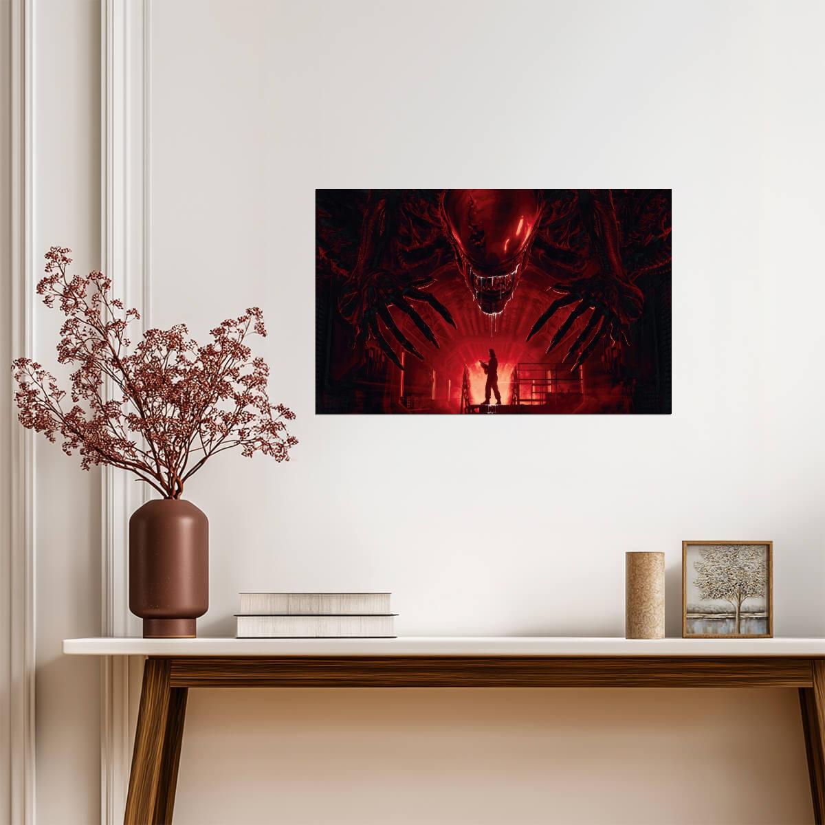 Alien Romulus Movie Poster | Red Xenomorph and Human Silhouette - Movies & TV Poster