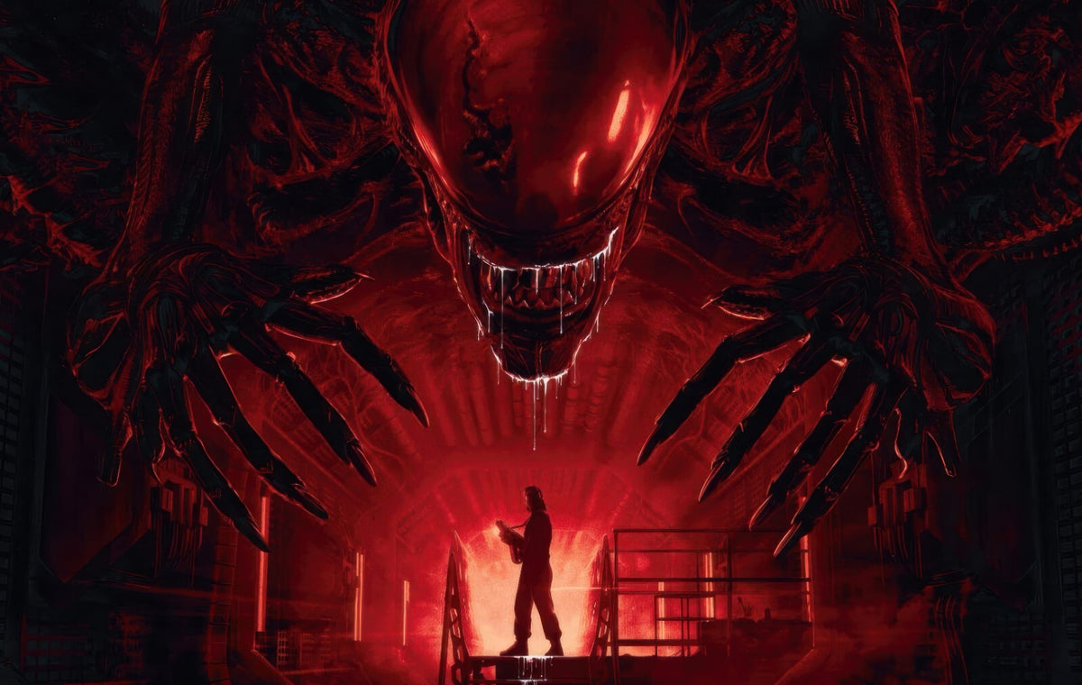 Alien Romulus Movie Poster | Red Xenomorph and Human Silhouette - Movies & TV Poster