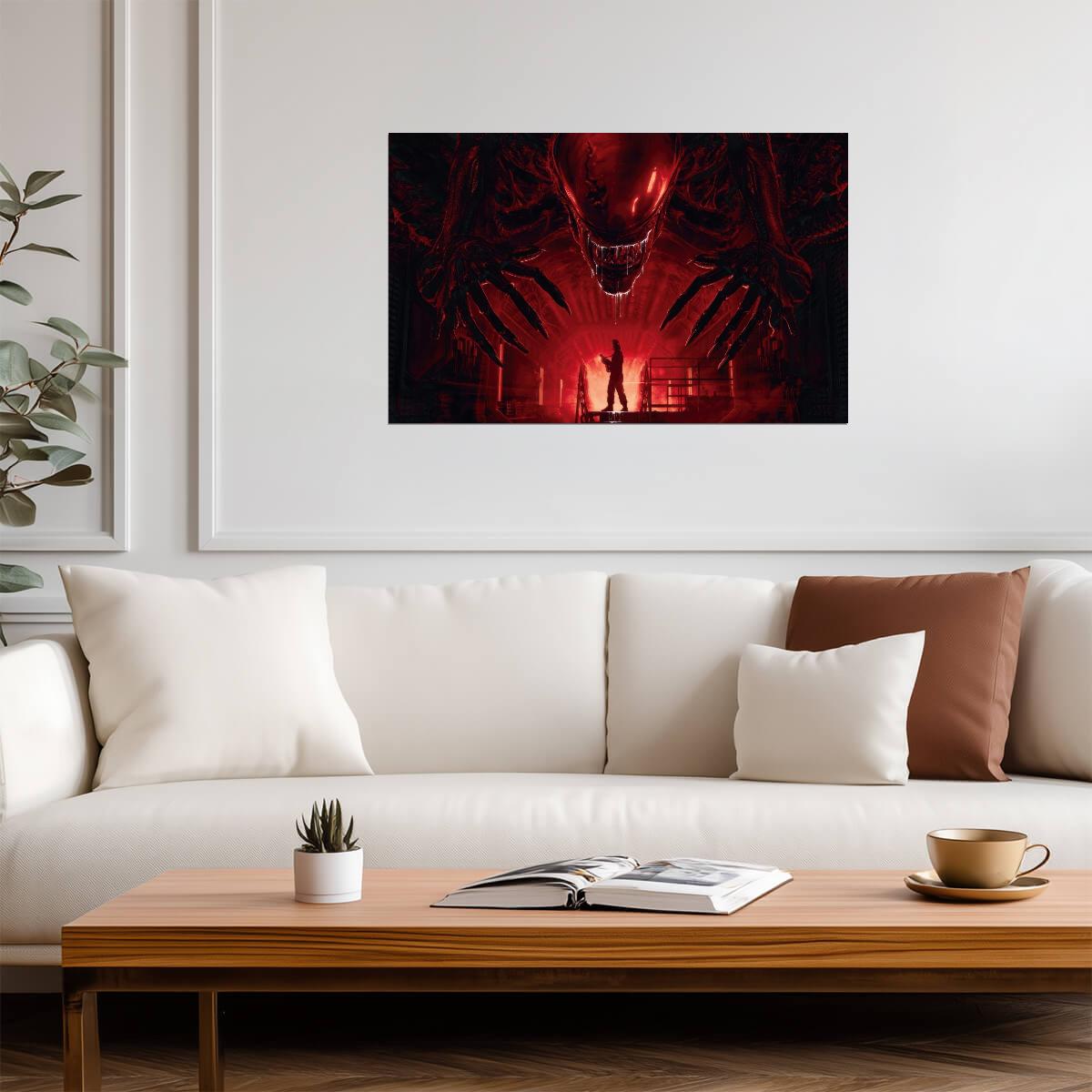 Alien Romulus Movie Poster | Red Xenomorph and Human Silhouette - Movies & TV Poster