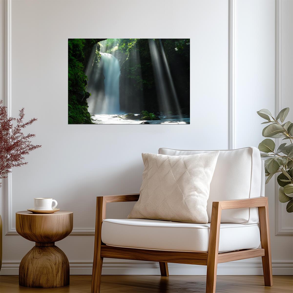 Sunlit Waterfall Photography Poster | Tropical Gorge and Forest Canopy - Photography Poster