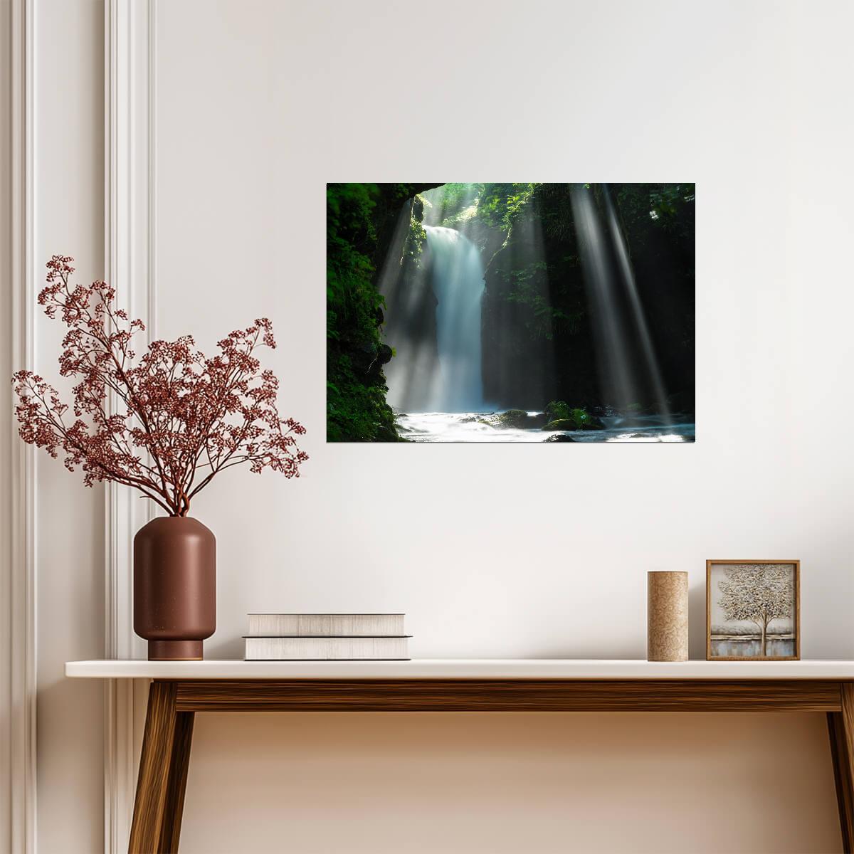 Sunlit Waterfall Photography Poster | Tropical Gorge and Forest Canopy - Photography Poster