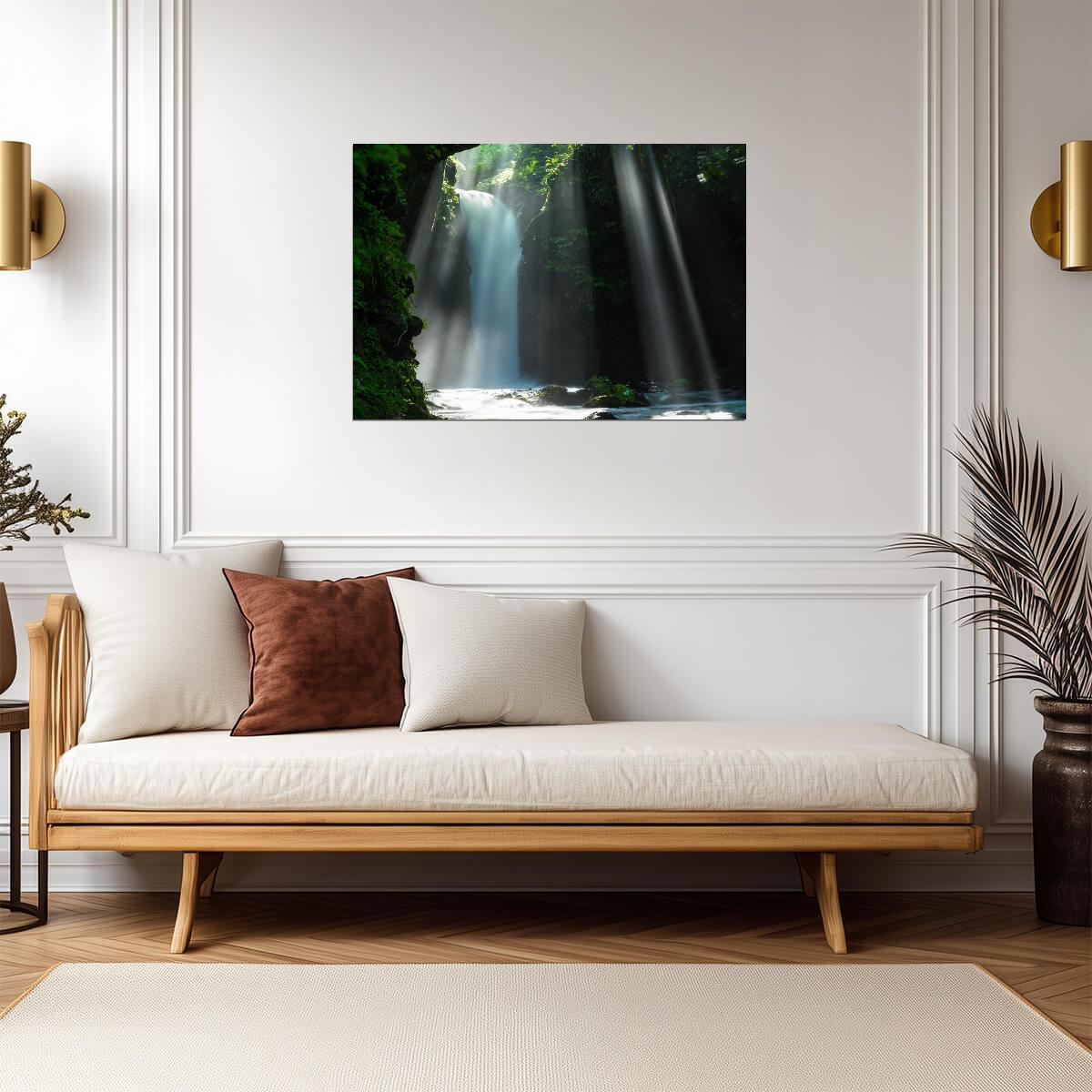 Sunlit Waterfall Photography Poster | Tropical Gorge and Forest Canopy - Photography Poster