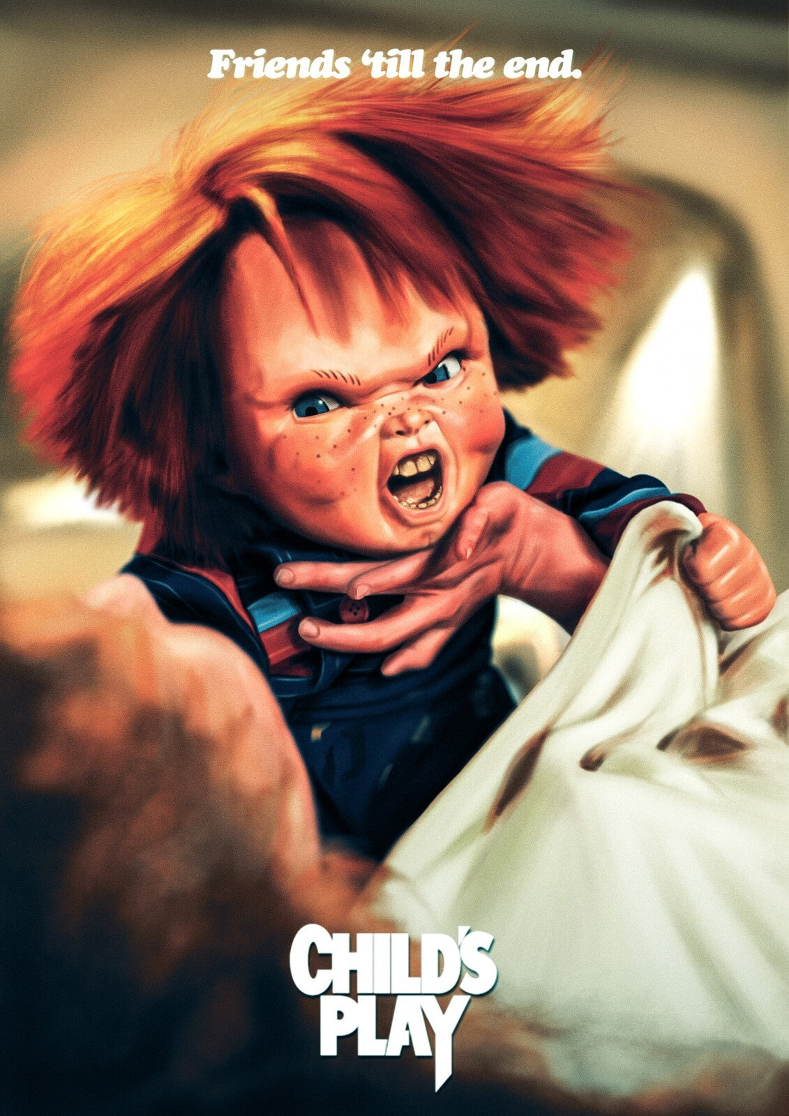 Child's Play 1988 Movie Poster | Chucky Grinning in Bed | Friends Till the End - Movies & TV Poster