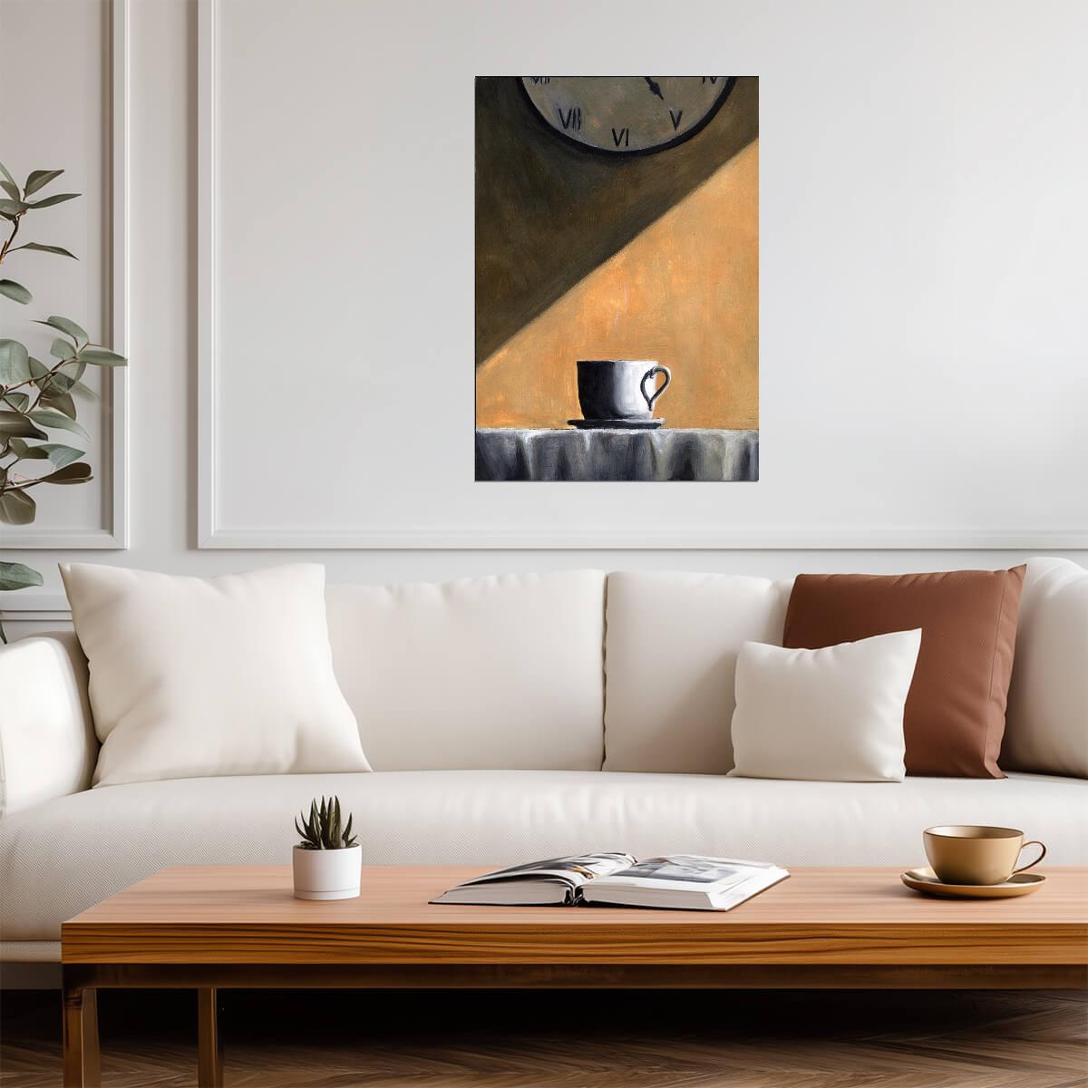 Coffee Cup and Wall Clock Poster | Still Life Painting Print - Graphic & Art Poster
