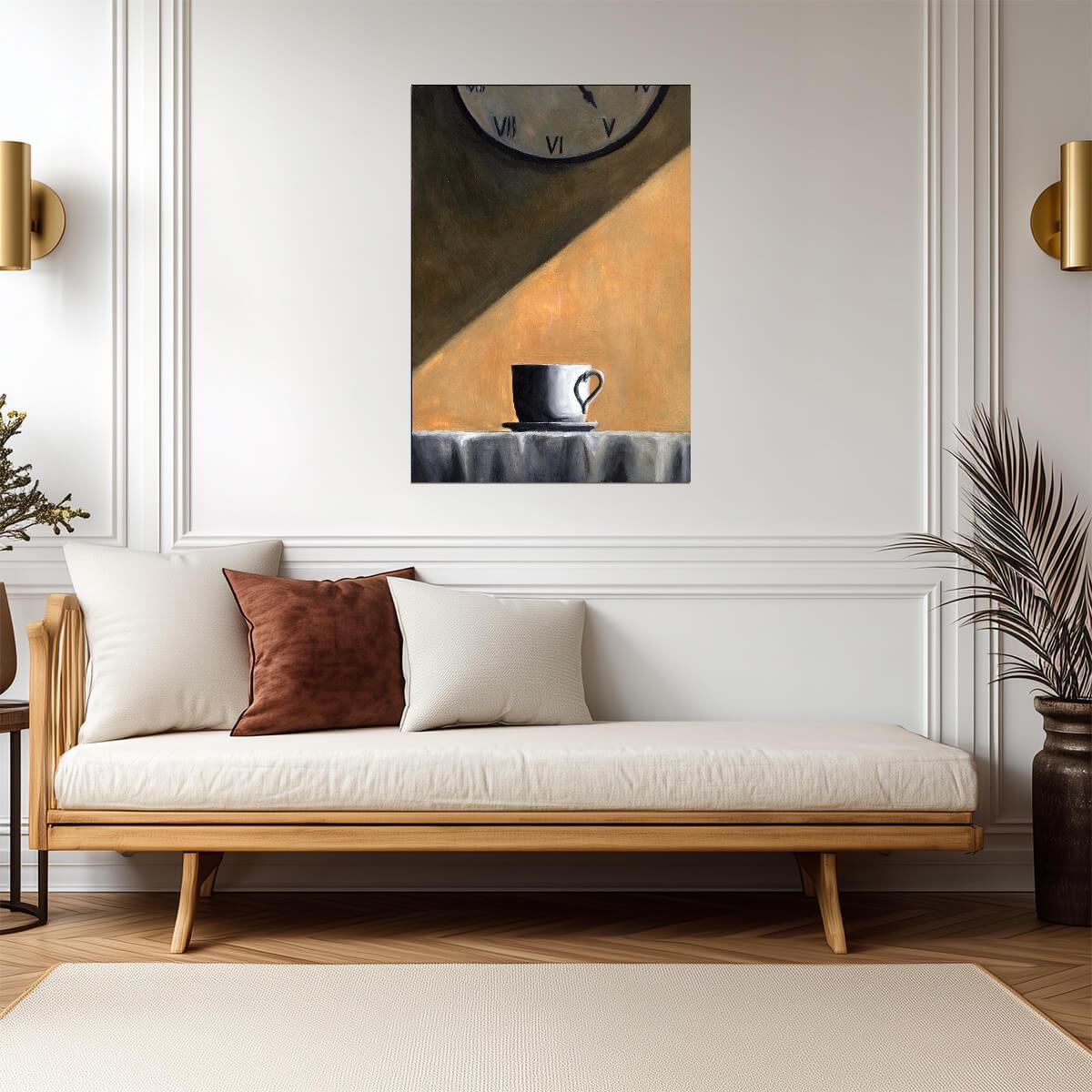 Coffee Cup and Wall Clock Poster | Still Life Painting Print - Graphic & Art Poster