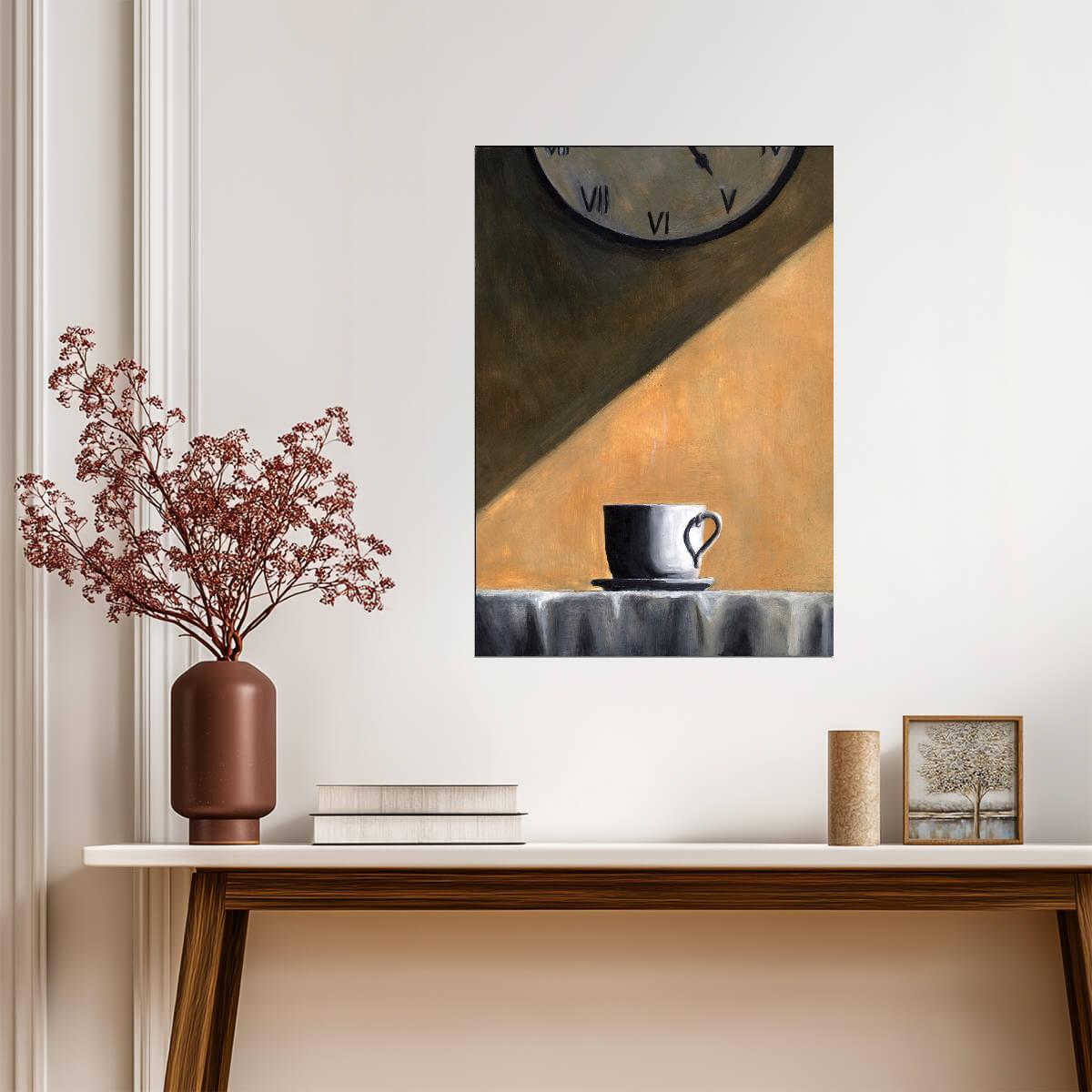 Coffee Cup and Wall Clock Poster | Still Life Painting Print - Graphic & Art Poster