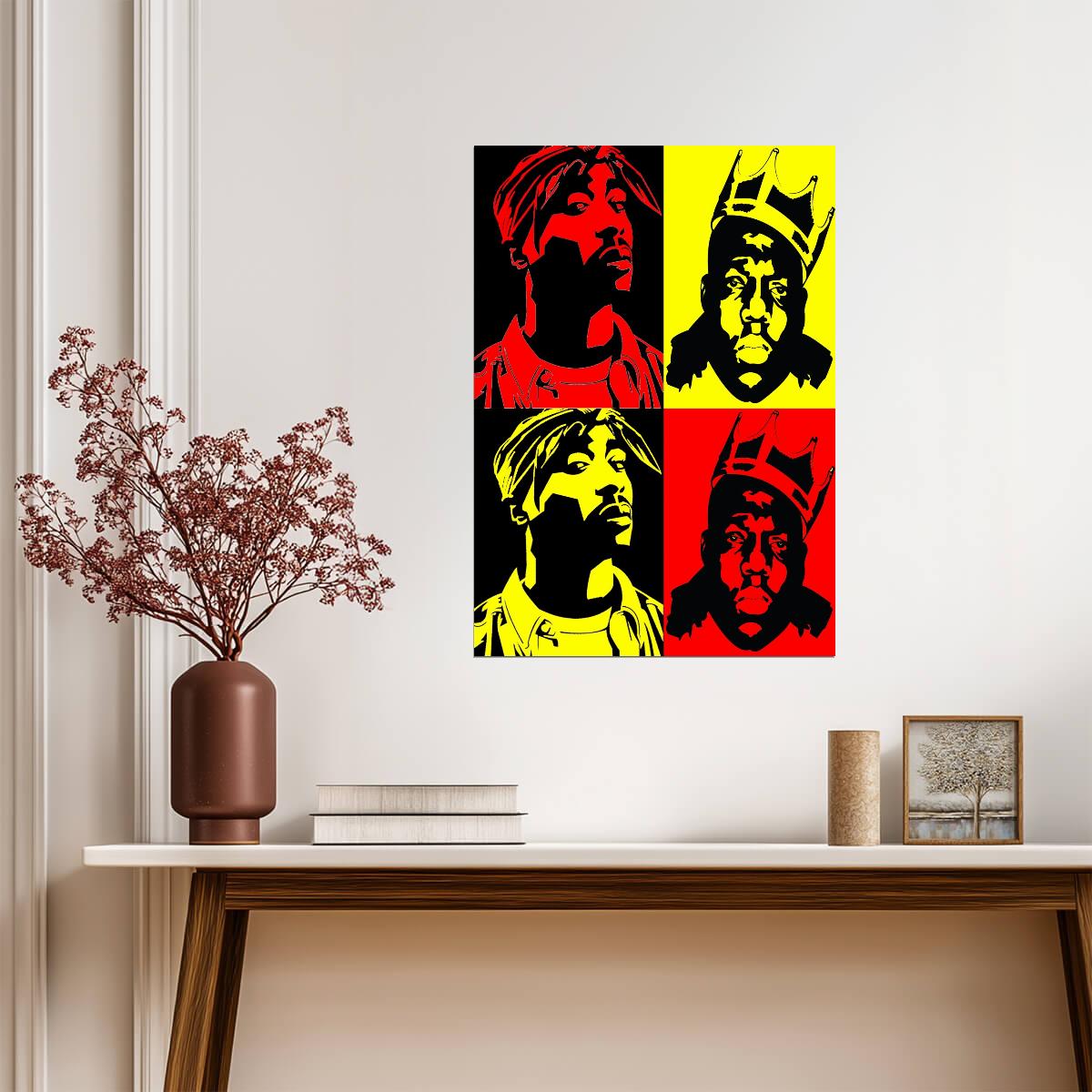 Tupac and Biggie Poster | Four-Panel Portraits | Red and Yellow Pop Art Print - Music Poster
