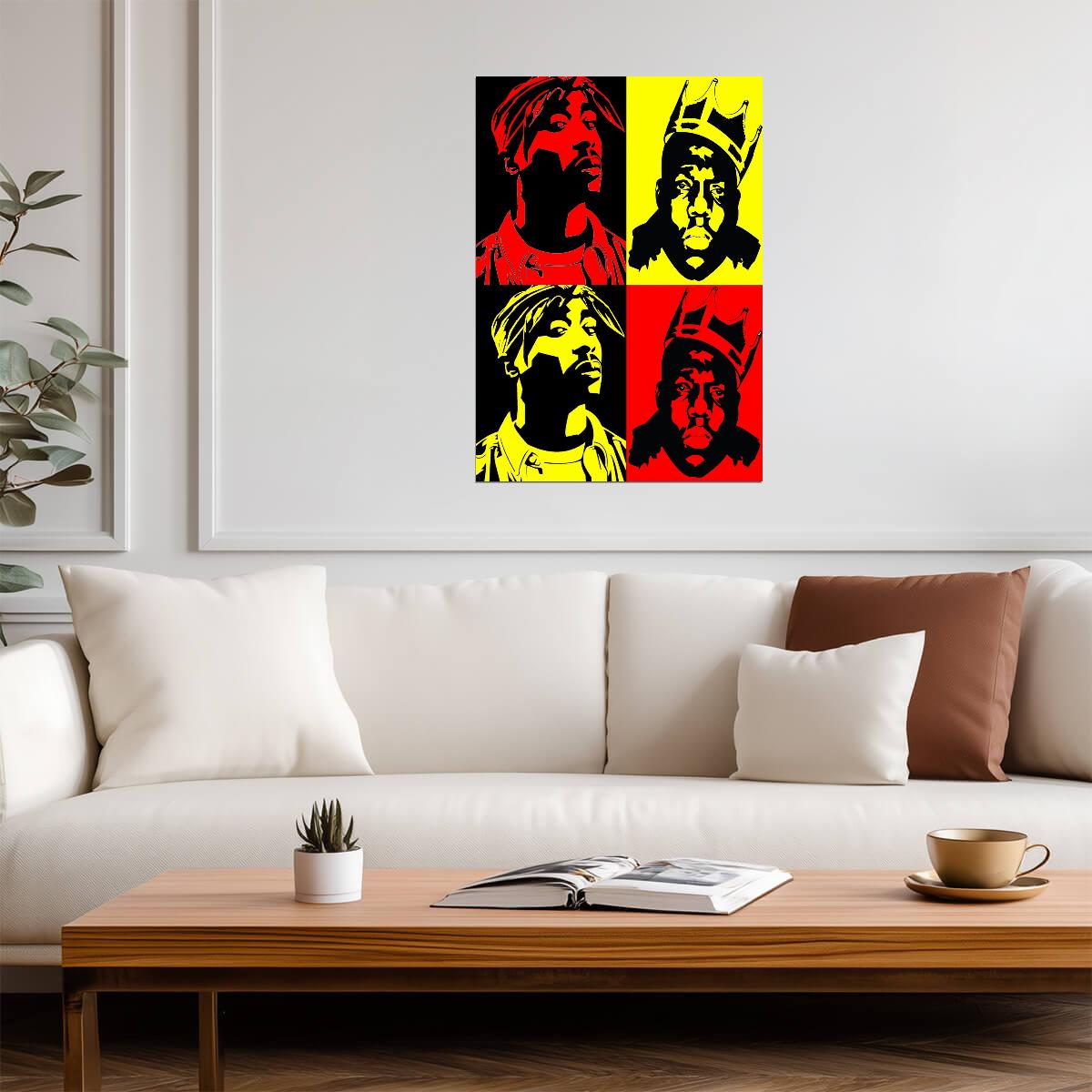 Tupac and Biggie Poster | Four-Panel Portraits | Red and Yellow Pop Art Print - Music Poster