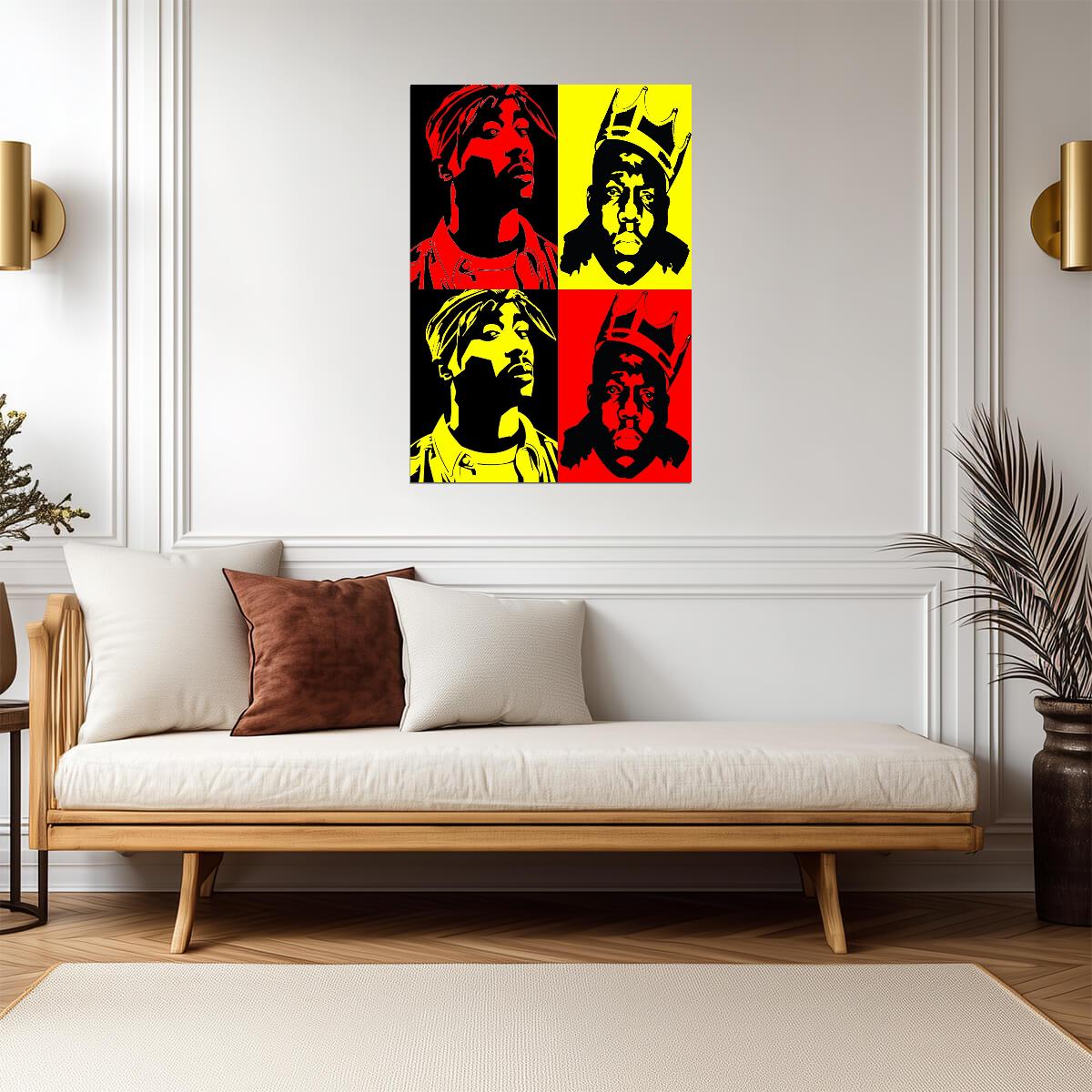 Tupac and Biggie Poster | Four-Panel Portraits | Red and Yellow Pop Art Print - Music Poster