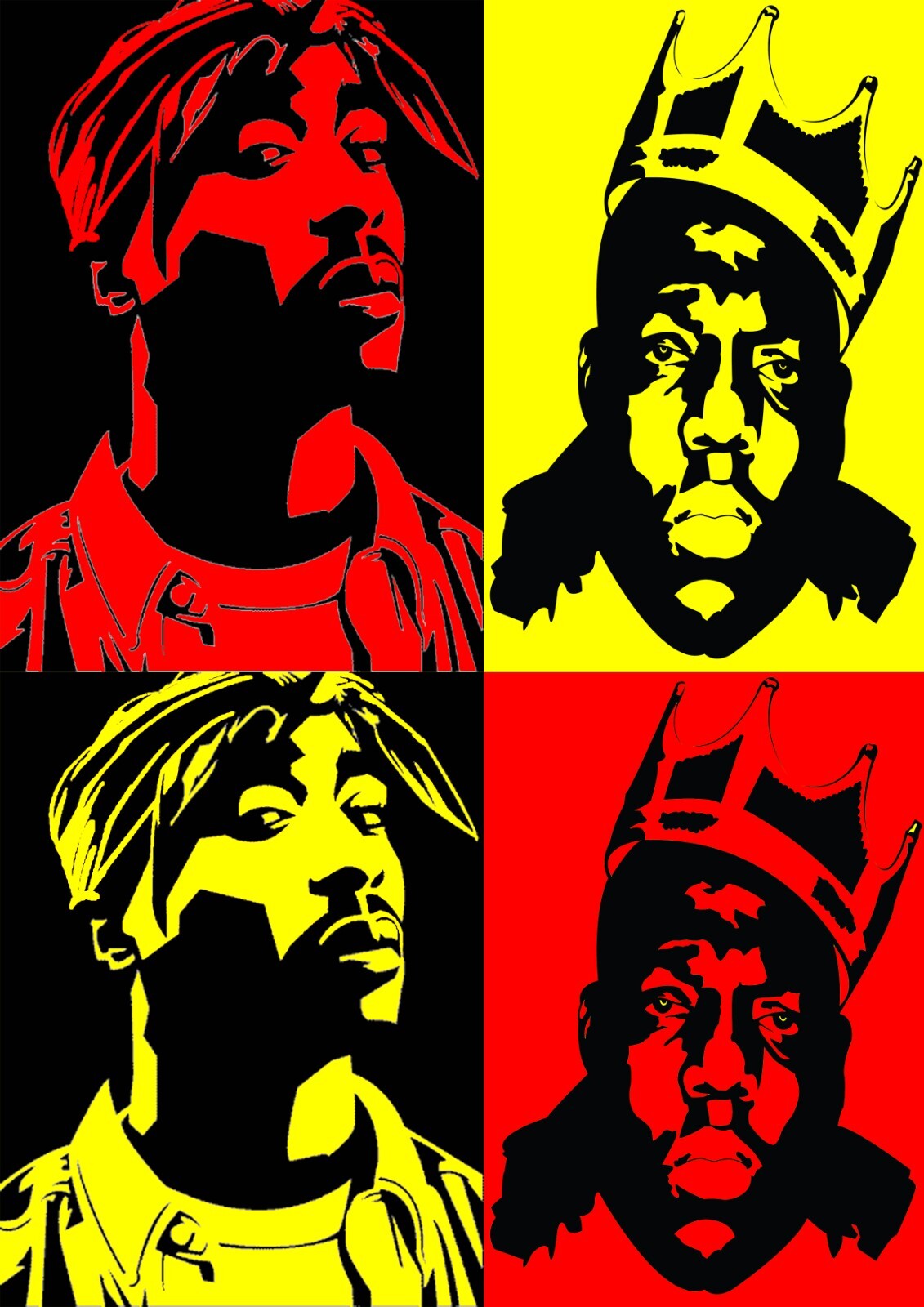 Tupac and Biggie Poster | Four-Panel Portraits | Red and Yellow Pop Art Print - Music Poster