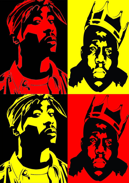 Tupac and Biggie Poster | Four-Panel Portraits | Red and Yellow Pop Art Print - Music Poster